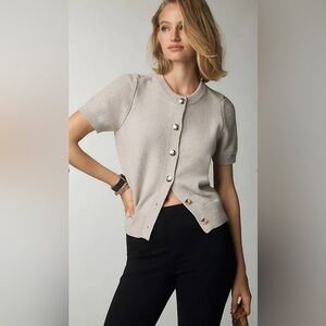 ANTHROPOLOGIE MAEVE Short Sleeve Crew Neck Cardigan Sweater Heather Oatmeal Sz S